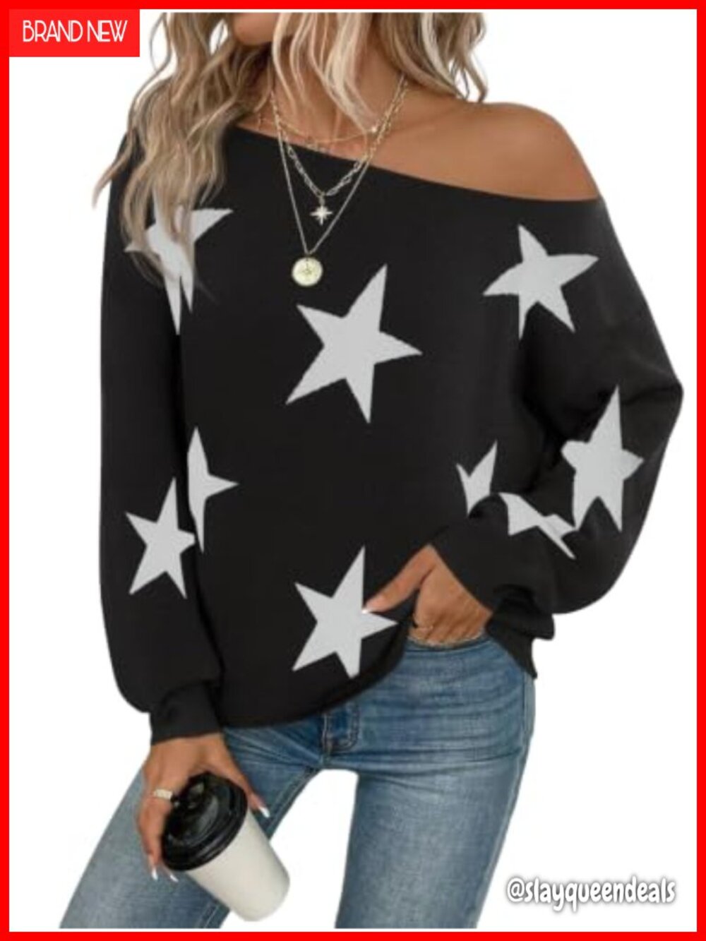 Off Shoulder Sweater Boat Neck Star Knit Pullover Loose Oversized Batwing